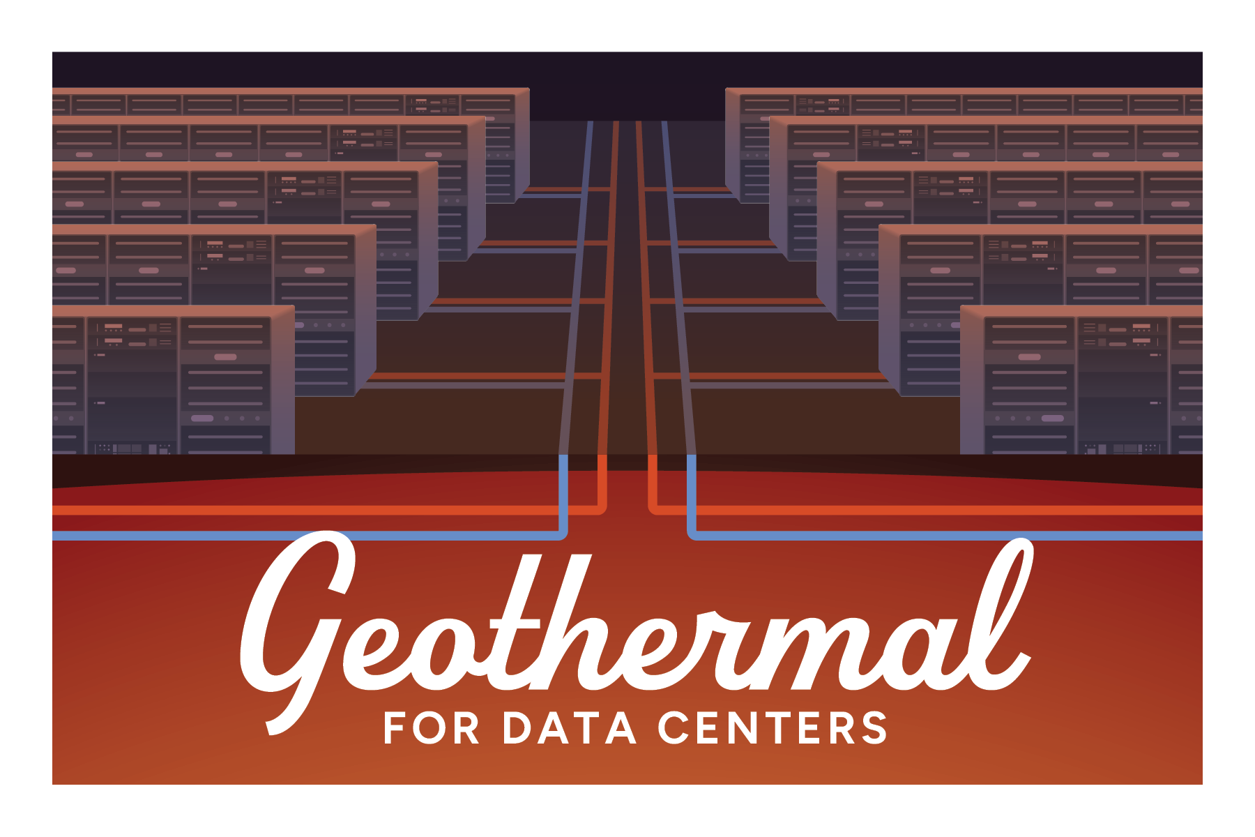 Text: Geothermal for Data Centers. Illustration: Data centers connected by red and blue piping.