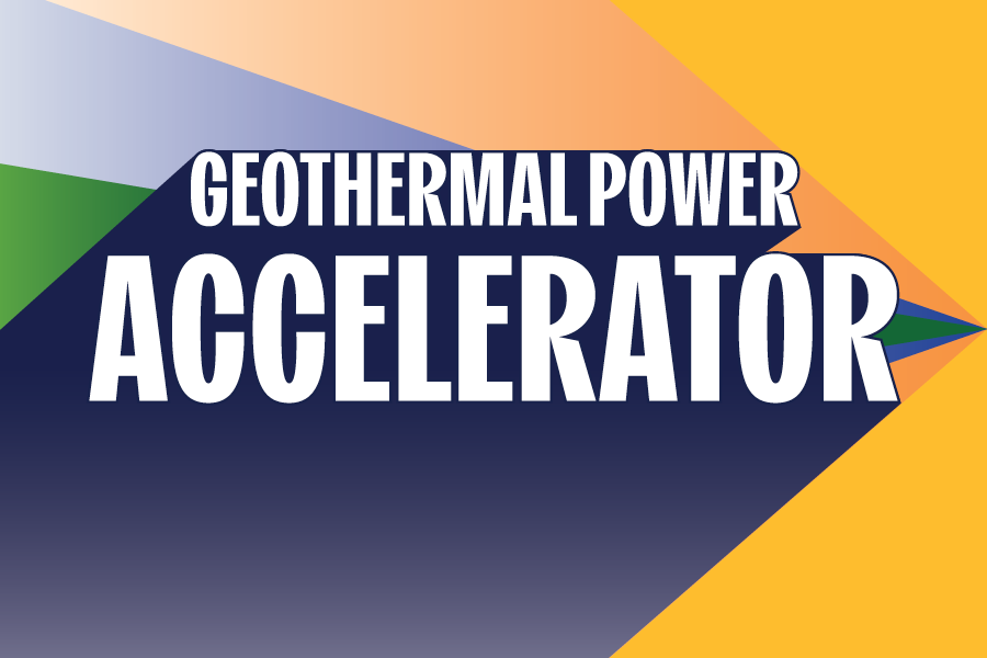 Illustration of the words Geothermal Power Accelerator zooming up from the bottom left corner of the image.