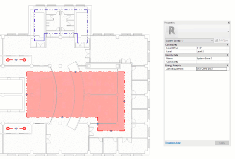 Systems Analysis allows Revit users to quickly group building regions into thermal zones and connect those to different types of HVAC systems. In this image, the “Core East” zone is connected to a VAV air handler. Systems Analysis allows Revit users to quickly group building regions into thermal zones and connect those to different types of HVAC systems. In this image, the “Core East” zone is connected to a VAV air handler.