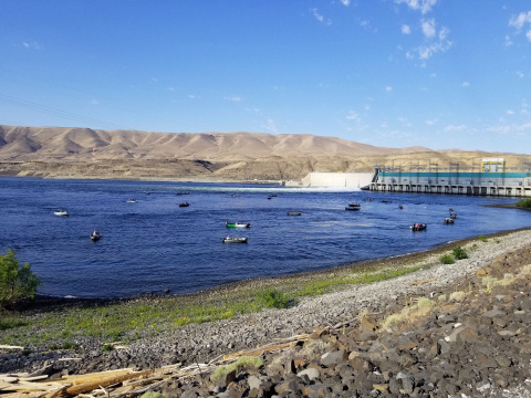 Salmon fishing in front of Wanapum Dam on Columbia River in Washington. Salmon fishing in front of Wanapum Dam on Columbia River in Washignton.