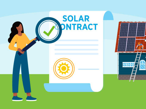 A consumer reviews a solar contract with a magnifying glass. In the background is a house with rooftop solar panels being installed.