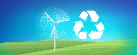 Illustration of a wind turbine and the recycling logo.