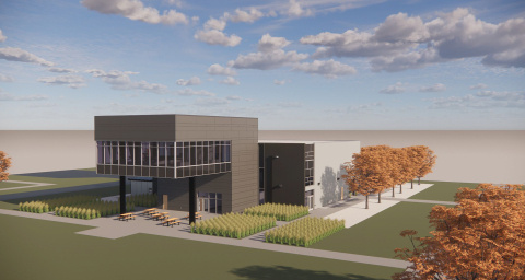 A rendered image of a gray building with trees around it