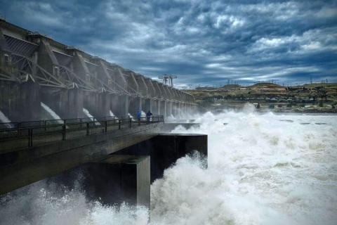 Large amount of water flowing out of Dalles Dam Spillway