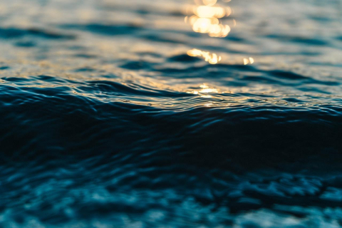 Close up image of small wave with sun glistening in the background