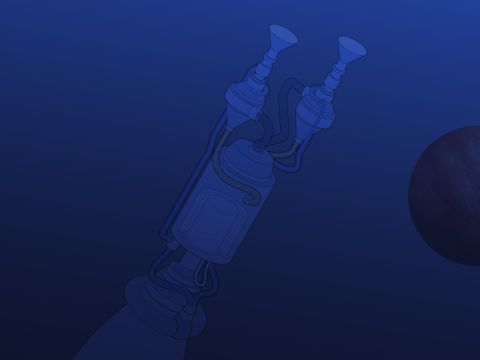 Dark blue background with outline of a rocket