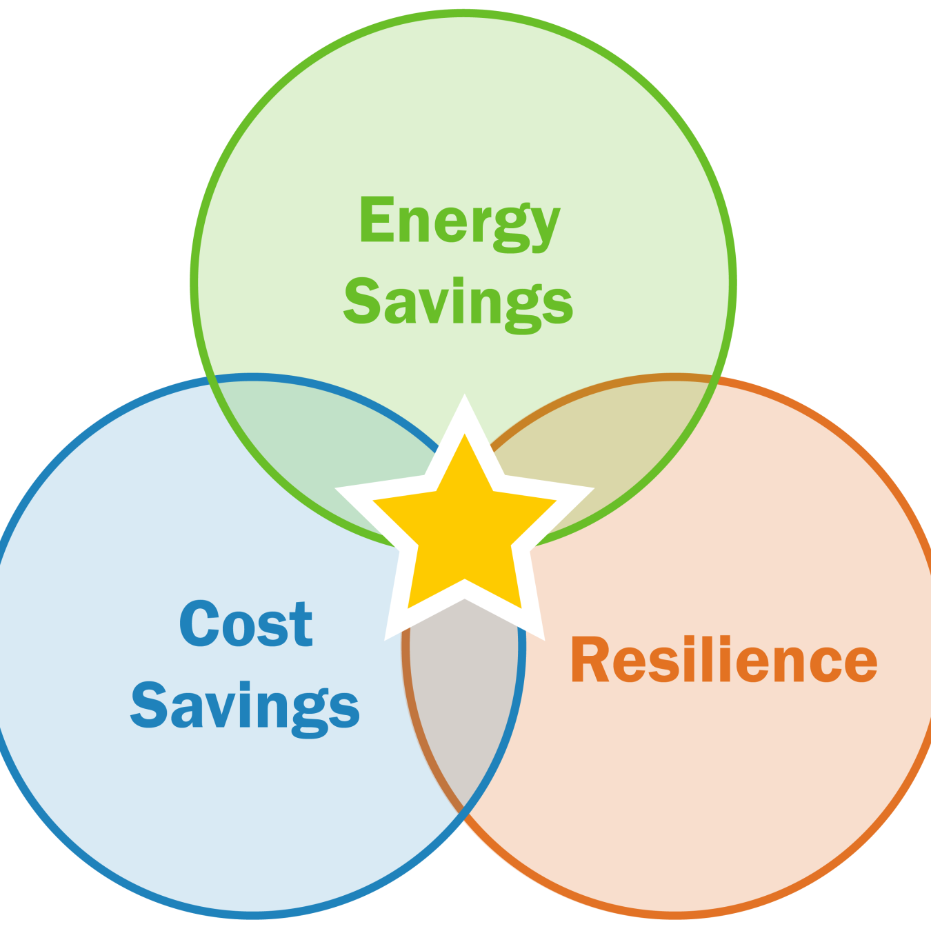 Three intersecting circles which read Energy Savings, Cost Savings, and Resilience.