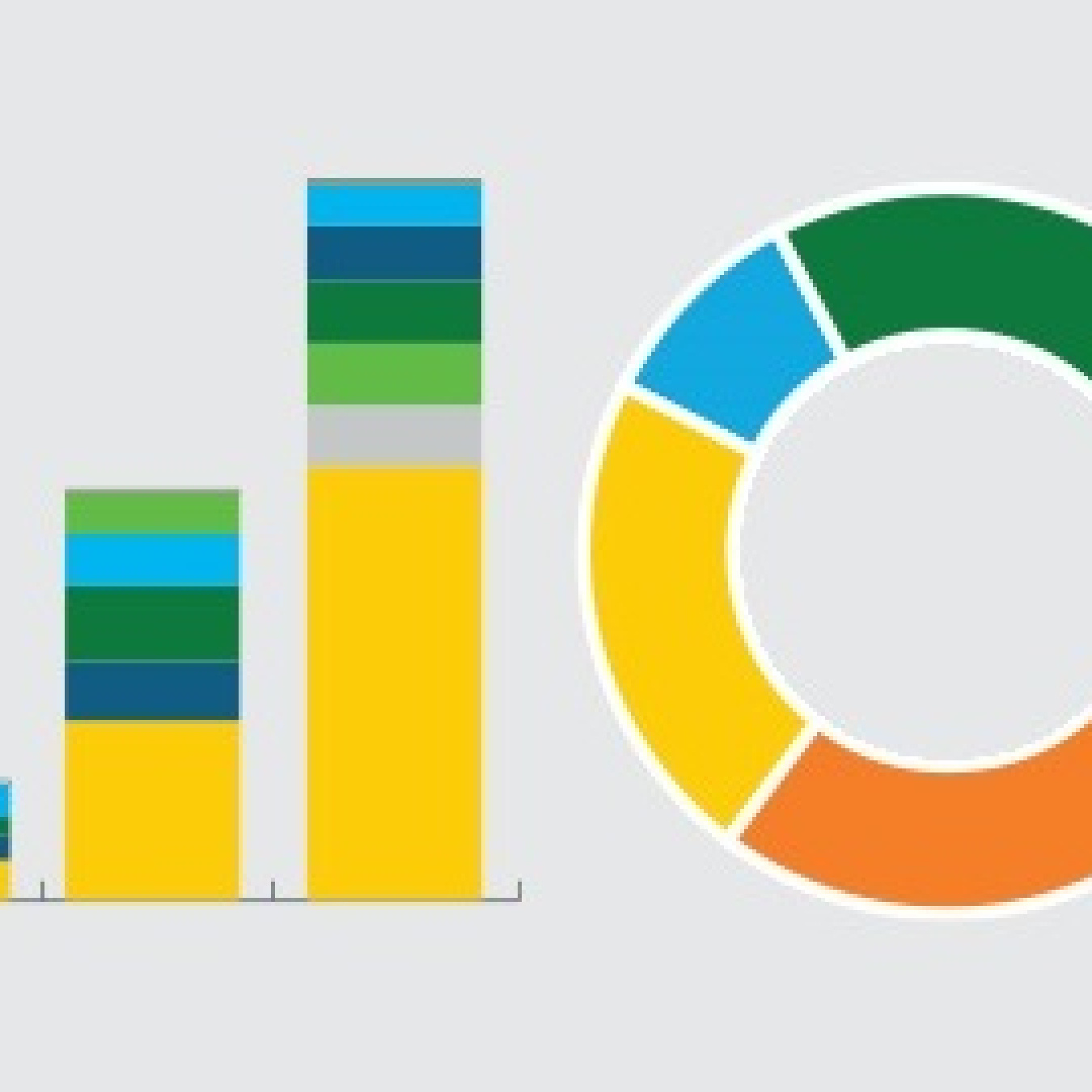 A decorative donut chart and vertical bar chart.