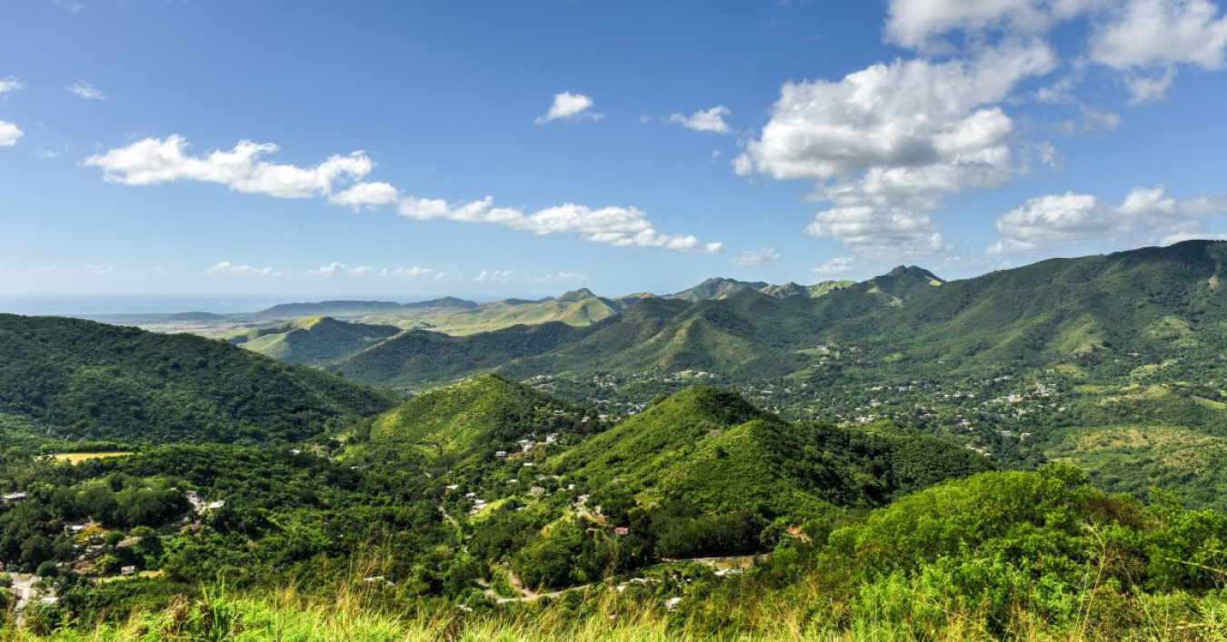 An aerial view of a lush green valley in Puerto Rico. Dense foliage and trees surround houses spread out across the landscape. In the background is a blue sky filled with white clouds.