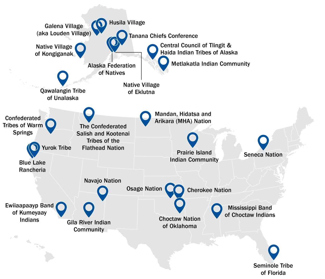 Map of United States and Alaska shows ICEIWG member Tribe locations.