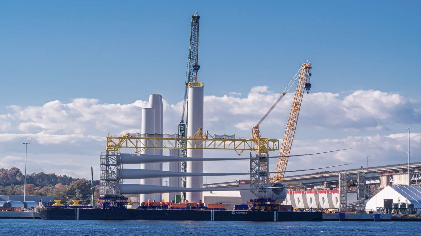 There is a transmission substation for an offshore wind turbine in deep waters