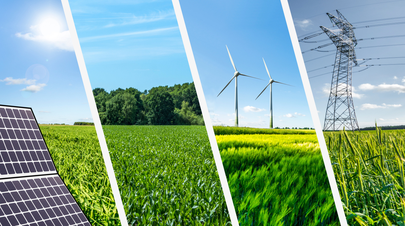 Picture of solar panels, right-of-way, wind turbines, and transmission tower.