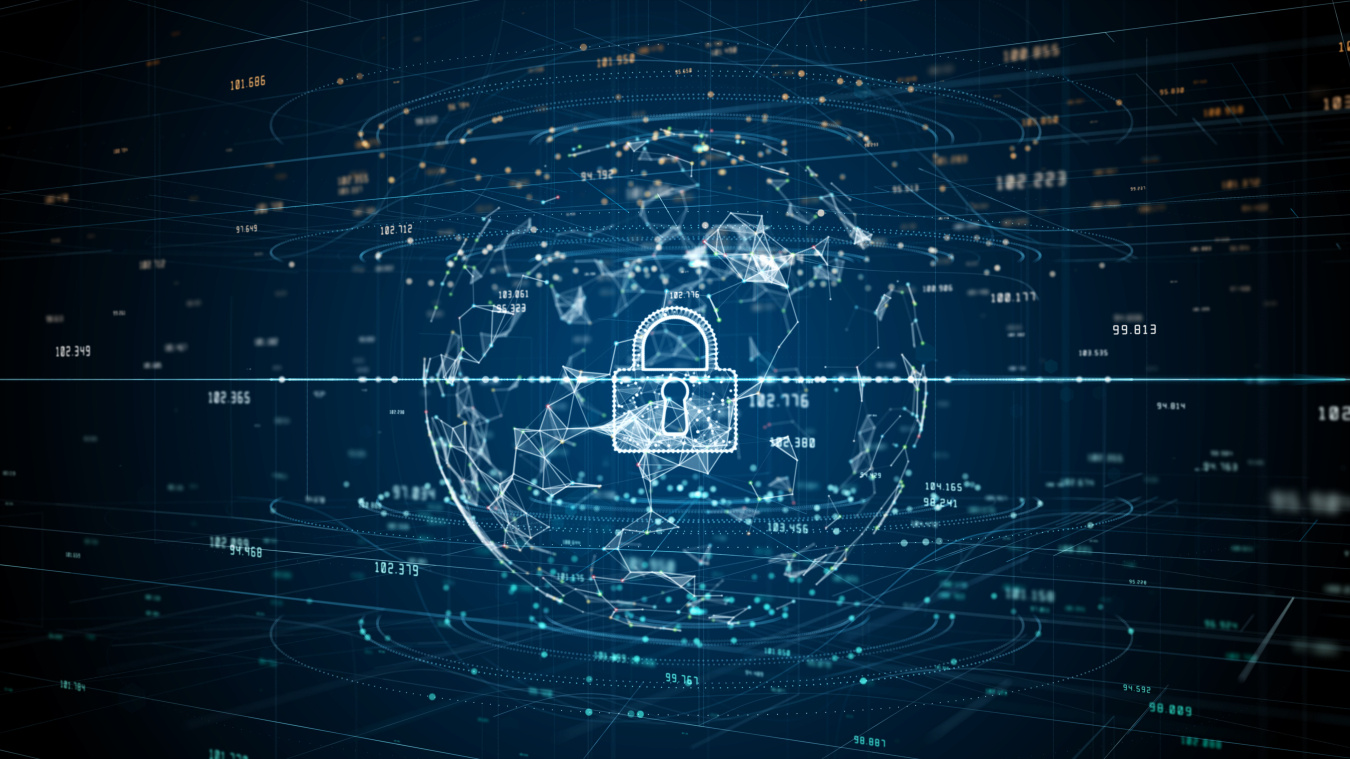 Illustration of global cybersecurity -- lines and points of data merge to create a globe, with a lock icon in the center