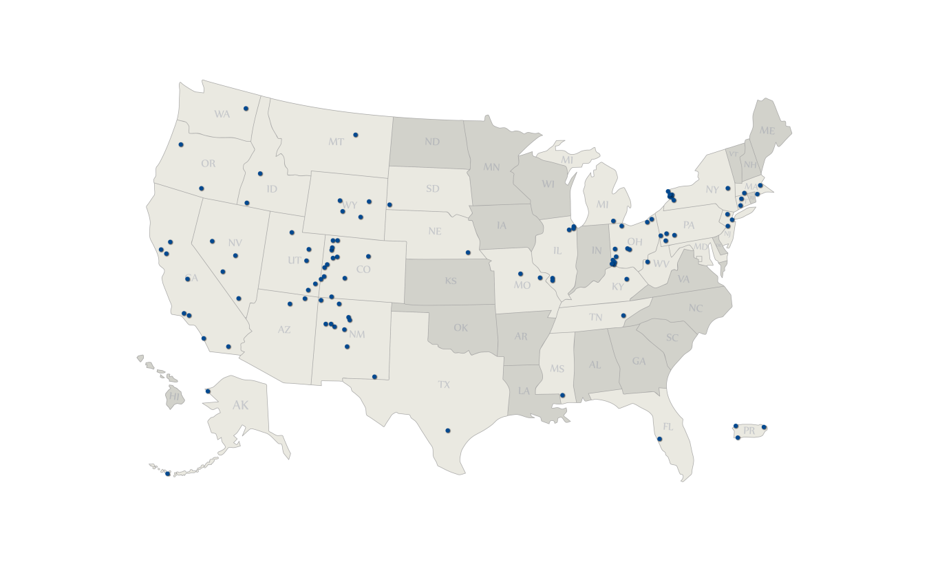 Map of the United States with blue dots showcasing Legacy Management sites.