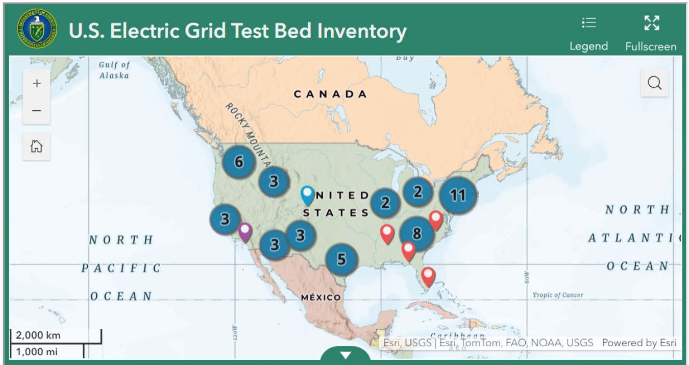 Map of North America showing blue dots for places with test beds in the U.S. for electric grid technology testing and evaluation.
