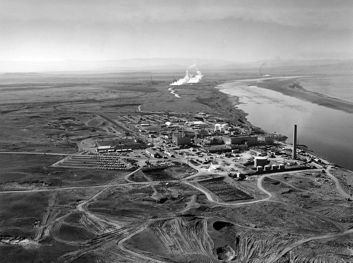 A black and white ariel photo of the Hanford Site.