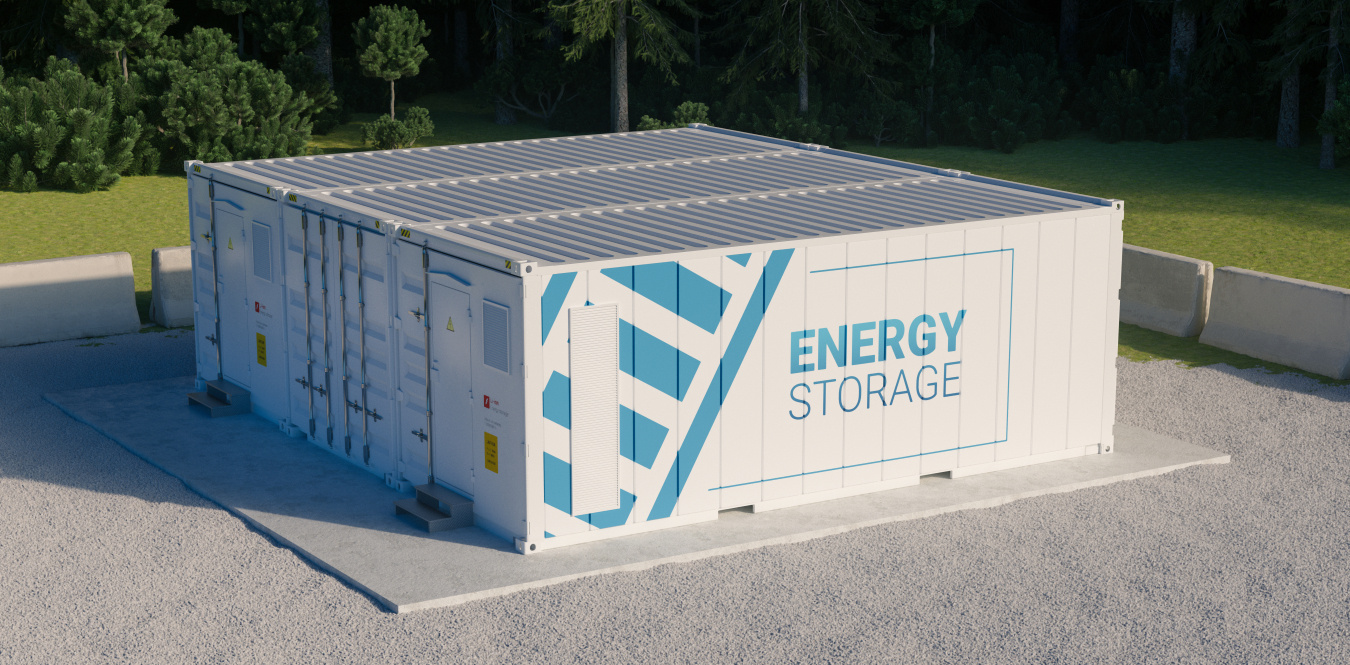 Energy storage container on a pad during daylight.