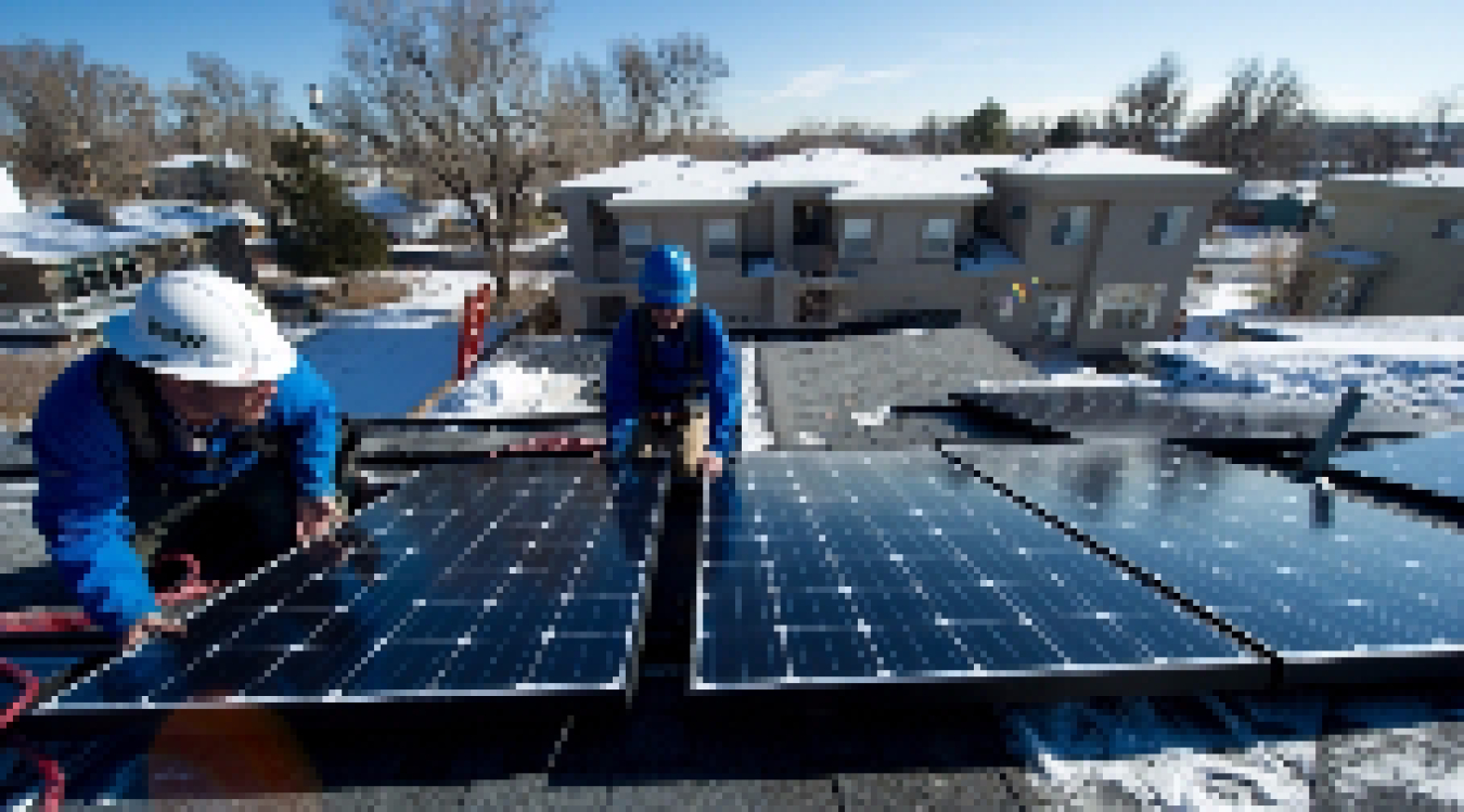 Men installing solar panels on a roof.