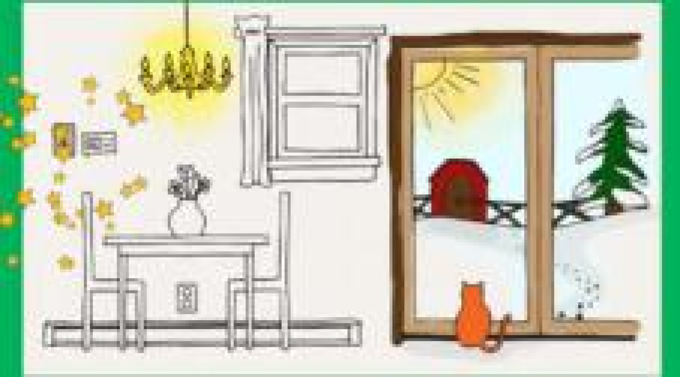 Graphic of the inside of a house, with table and chairs, and a window looking outside.