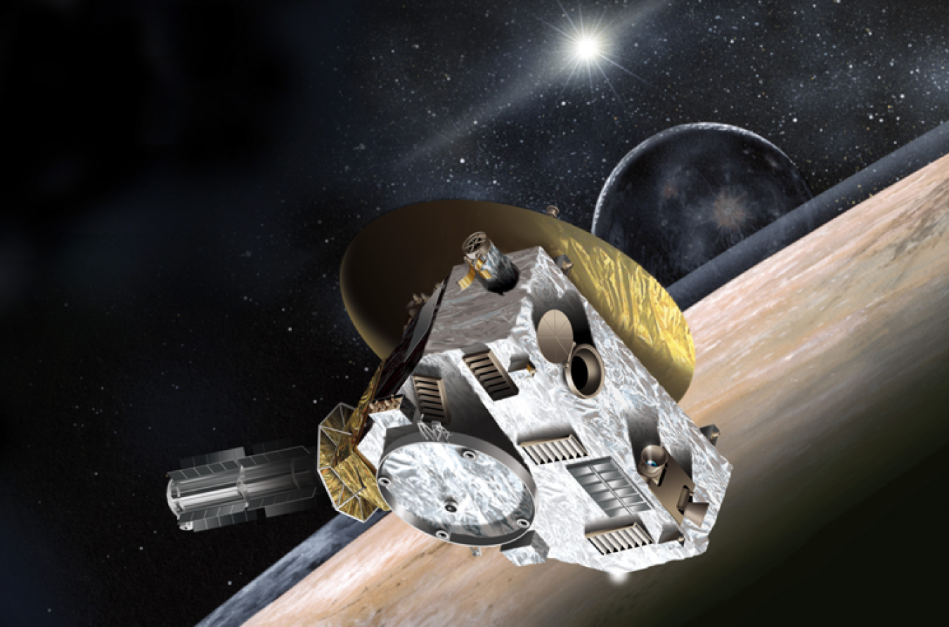 Artist's concept of the New Horizons spacecraft during its planned encounter with Pluto and its moon, Charon.