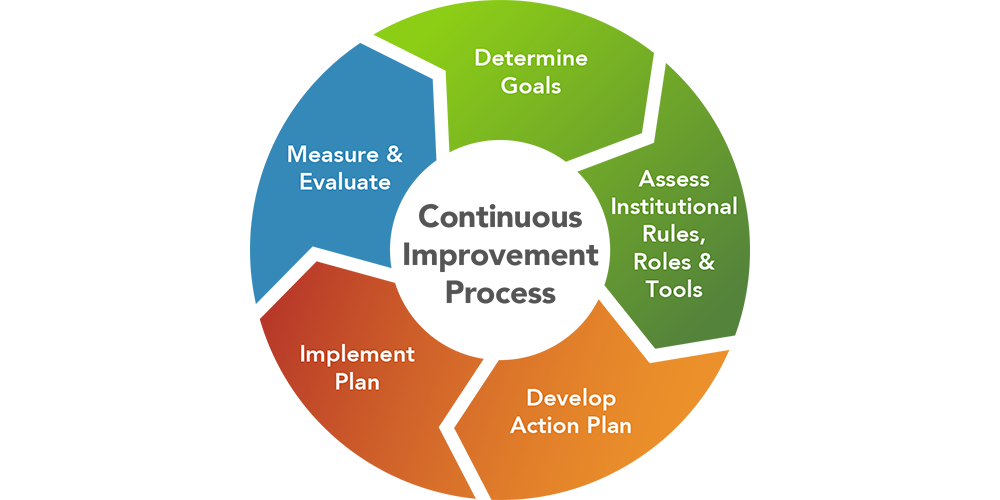 Graphic of the Institutional Change Continuous Improvement Process gear. The steps begin with Determine Goals and move to Assess Institutional Rules, Roles and Tools then to Develop Action Plan then to Implement Plan then finally to Measure and Evaluate. The process begins again with Determine Goals.