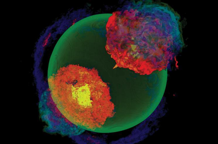 The ability to do 3D, large-scale simulations of supernovae, such as above, led to the discovery of an entirely new and unexpected explosion mechanism, termed the gravitationally confined detonation (GCD) model. <a href="http://energy.gov/photos/supercomputers-pictorial-superpowers">Click here to view a slideshow of images</a>. | Image: Courtesy Flash Center for Computational Science, University of Chicago The ability to do 3D, large-scale simulations of supernovae, such as above, led to the discovery of an entirely new and unexpected explosion mechanism, termed the gravitationally confined detonation (GCD) model. <a href="http://energy.gov/photos/supercomputers-pictorial-superpowers">Click here to view a slideshow of images</a>. | Image: Courtesy Flash Center for Computational Science, University of Chicago