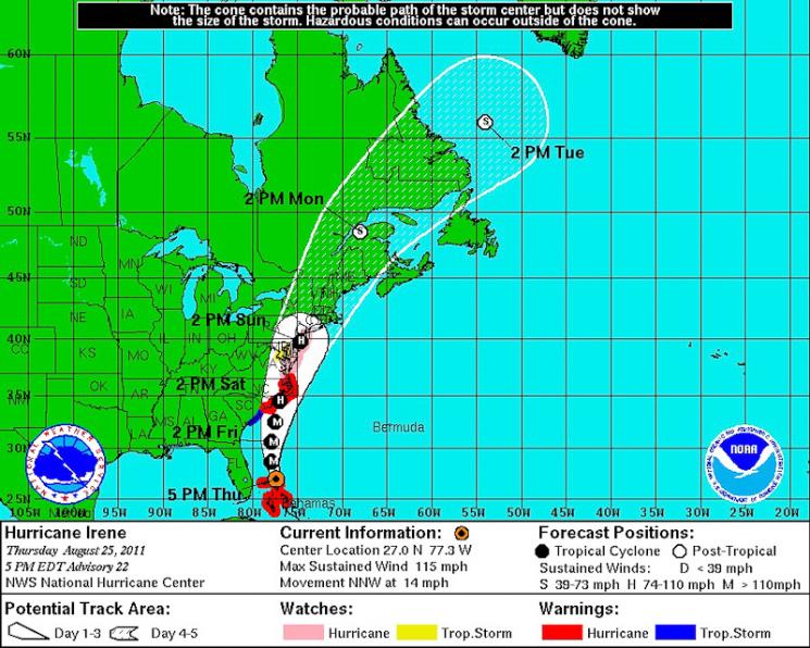 Coastal watches/warnings and 5-day forecast cone for storm center of Hurricane Irene, updated on Thursday, Aug. 25, 2011 at 5:00 PM EST. | Image courtesy of NOAA Coastal watches/warnings and 5-day forecast cone for storm center of Hurricane Irene, updated on Thursday, Aug. 25, 2011 at 5:00 PM EST. | Image courtesy of NOAA