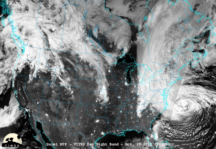 On Monday, October 29, 2012, Hurricane Sandy made landfall 5 miles south of Atlantic City, New Jersey, with maximum sustained winds near 80 mph. This satellite image was taken 16 to 18 hours before Sandy's landfall on the New Jersey coast, using the Visible Infrared Imaging Radiometer Suite on NASA's Suomi National Polar-orbiting Partnership satellite.
The Department of Energy, in partnership with the Federal Emergency Management Administration (FEMA) and other federal agencies, is working around the clock to support the states and utilities that have been impacted by Sandy. Learn more about <a href="http://energy.gov/articles/energy-department-and-federal-efforts-support-utility-power-restoration-efforts">federal efforts to support utility power restoration</a>. | Photo courtesy of CIMSS/University Wisconsin-Madison/NASA/NOAA. On Monday, October 29, 2012, Hurricane Sandy made landfall 5 miles south of Atlantic City, New Jersey, with maximum sustained winds near 80 mph. This satellite image was taken 16 to 18 hours before Sandy's landfall on the New Jersey coast, using the Visible Infrared Imaging Radiometer Suite on NASA's Suomi National Polar-orbiting Partnership satellite.
The Department of Energy, in partnership with the Federal Emergency Management Administration (FEMA) and other federal agencies, is working around the clock to support the states and utilities that have been impacted by Sandy. Learn more about <a href="http://energy.gov/articles/energy-department-and-federal-efforts-support-utility-power-restoration-efforts">federal efforts to support utility power restoration</a>. | Photo courtesy of CIMSS/University Wisconsin-Madison/NASA/NOAA.