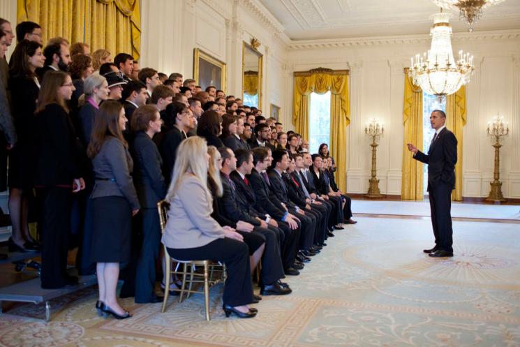 President Barack Obama greets the 2010 PECASE recipients in the East Room of the White House, Oct. 14, 2011. | Courtesy of the White House Photo Office President Barack Obama greets the 2010 PECASE recipients in the East Room of the White House, Oct. 14, 2011. | Courtesy of the White House Photo Office