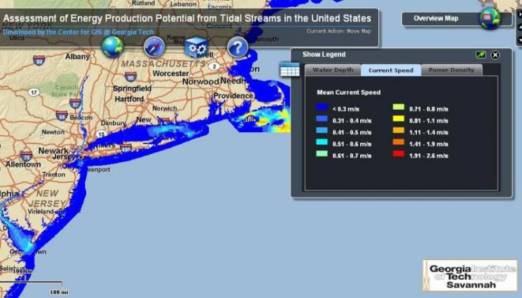 A map generated by Georgia Tech's tidal energy resource database shows mean current speed of tidal streams. The East Coast, as shown above, has strong tides that could be tapped to produce energy.  | Photo courtesy of Georgia Institute of Technology