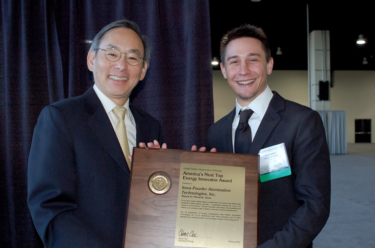 Andrew Heidloff, representing start-up company Iowa Powder Atomization Technologies, is one of America's Next Top Innovators. Secretary Chu announced the winners of the competition today at the 2012 ARPA-E Energy Innovation Summit. | Photo courtesy of ARPA-e contractor Dave Meyer. Andrew Heidloff, representing start-up company Iowa Powder Atomization Technologies, is one of America's Next Top Innovators. Secretary Chu announced the winners of the competition today at the 2012 ARPA-E Energy Innovation Summit. | Photo courtesy of ARPA-e contractor Dave Meyer.
