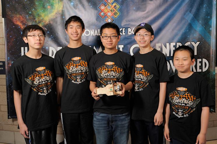 The team of James Wei, Andrew Jin, Andy Xu, Allen Guo, and Will Chang from Daniel Wright Middle School, in Lincolnshire, Illinois, built the fastest Lithium-Ion Battery Powered Model Car at this year's competition. At sub-6-second runs, their vehicle easily advanced to victory, being a full second faster than its closest rival. | Photo by Jack Dempsey, National Science Bowl. The team of James Wei, Andrew Jin, Andy Xu, Allen Guo, and Will Chang from Daniel Wright Middle School, in Lincolnshire, Illinois, built the fastest Lithium-Ion Battery Powered Model Car at this year's competition. At sub-6-second runs, their vehicle easily advanced to victory, being a full second faster than its closest rival. | Photo by Jack Dempsey, National Science Bowl.