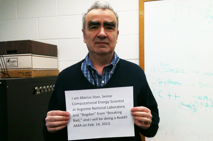 Marius Stan, computational energy scientist from Argonne National Lab, submits his verification photo as part of an informal question and answer session with Internet users on the Ask Me Anything section of the social website Reddit on February 14, 2013. Marius Stan, computational energy scientist from Argonne National Lab, submits his verification photo as part of an informal question and answer session with Internet users on the Ask Me Anything section of the social website Reddit on February 14, 2013.