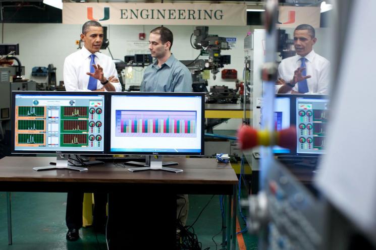 President Barack Obama tours the University of Miami Industrial Assessment Center in Miami, Florida, Feb. 23, 2012. The IAC is where students learn how to become industrial energy-efficiency experts as they help small to mid-sized manufacturers reduce their energy costs. | Official White House Photo by Chuck Kennedy.