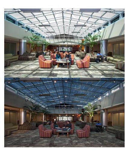 "Smart Windows" seen at light and dark settings. | Photo Courtesy of SAGE Electrochromics, Inc., by Susan Fleck Photography "Smart Windows" seen at light and dark settings. | Photo Courtesy of SAGE Electrochromics, Inc., by Susan Fleck Photography