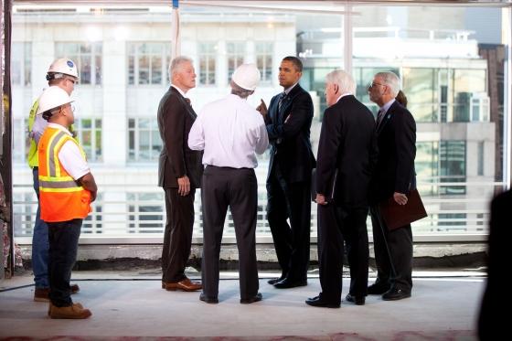 President Barack Obama and former President Bill Clinton take a tour of the upgrades of the Transwestern Building in Washington, Dec. 2, 2011. | Official White House Photo by Lawrence Jackson. President Barack Obama and former President Bill Clinton take a tour of the upgrades of the Transwestern Building in Washington, Dec. 2, 2011. | Official White House Photo by Lawrence Jackson.