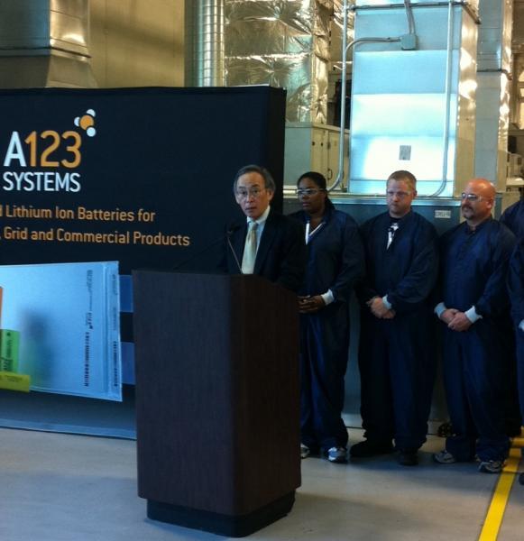 Secretary Chu speaks at the A123 Systems lithium-ion battery manufacturing plant in Romulus, Michigan, while employees look on. | Photo Courtesy of Damien LaVera, Energy Department Secretary Chu speaks at the A123 Systems lithium-ion battery manufacturing plant in Romulus, Michigan, while employees look on. | Photo Courtesy of Damien LaVera, Energy Department
