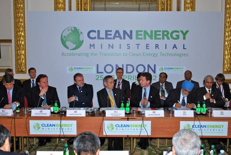 Prime Minister David Cameron, Secretary of State Edward Davey, Energy Department Secretary Steven Chu and Minister of State Greg Barker at the third Clean Energy Ministerial event in London on 26 April 2012. | Photo courtesy of the <a href="http://www.decc.gov.uk/">Department of Energy and Climate Change</a>. Prime Minister David Cameron, Secretary of State Edward Davey, Energy Department Secretary Steven Chu and Minister of State Greg Barker at the third Clean Energy Ministerial event in London on 26 April 2012. | Photo courtesy of the <a href="http://www.decc.gov.uk/">Department of Energy and Climate Change</a>.