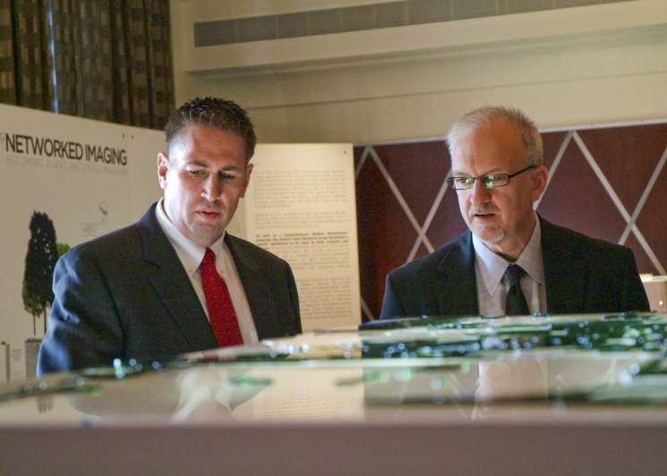 Senior Advisor for Environmental Management David Huizenga (right) and Paducah Site Lead Reinhard Knerr look at a three-dimensional model of the Paducah site’s groundwater system. University of Kentucky College of Design students assembled the model for the Paducah Gaseous Diffusion Plant Citizens Advisory Board. The model was displayed at the April 18 Site-Specific Advisory Board Chairs Meeting in Paducah, where Huizenga spoke before taking his first tour of the Paducah site.