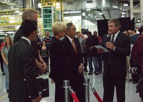 A123 Systems' President David Vieau speaks with Energy Secretary Steven Chu and Michigan Governor Jennifer Granholm at the opening of their Livonia, MI plant. The plant will develop and manufacture advanced batteries systems for electric vehicles. | Department of Energy Photo |