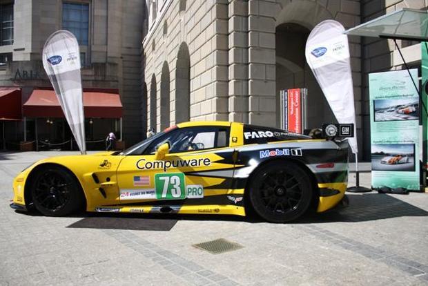 One of the competitors from the Michelin Green X Challenge takes center stage outside the National Press Club. | Photo courtesy of Green Racing.