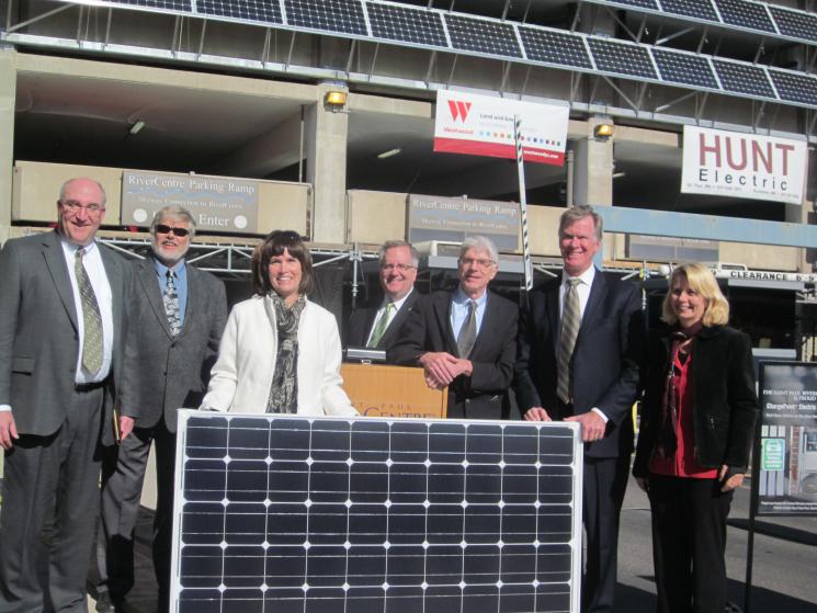 A new 82 kilowatt solar photovoltaic installation at the RiverCentre convention complex is unveiled in the heart of downtown St. Paul. | Photo courtesy of the Office of Energy Efficiency and Renewable Energy A new 82 kilowatt solar photovoltaic installation at the RiverCentre convention complex is unveiled in the heart of downtown St. Paul. | Photo courtesy of the Office of Energy Efficiency and Renewable Energy