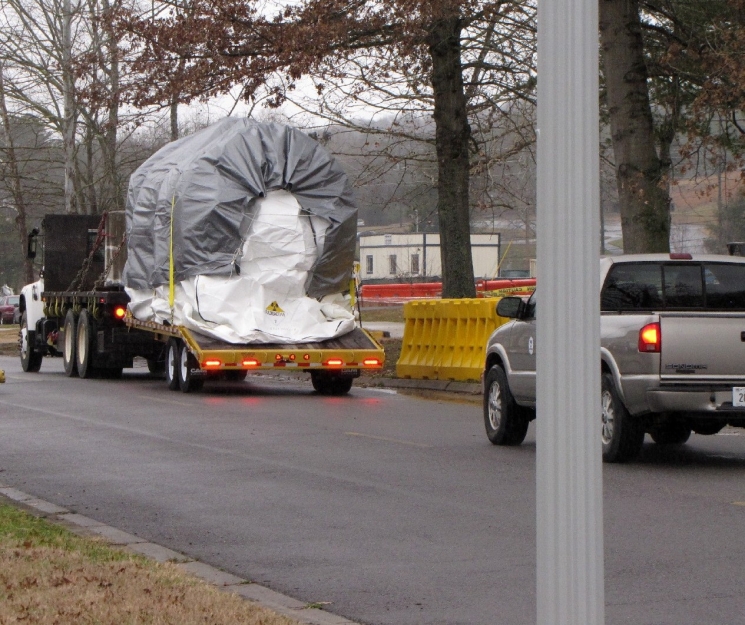 The 6,500-pound Tank W-1A is shipped away from ORNL. The 6,500-pound Tank W-1A is shipped away from ORNL.