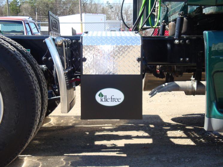 Idle Free System's frame rail unit mounted onto the chassis rail of a truck. Idle Free produces battery-powered, idle-elimination systems that lower fuel costs and CO2 emissions while retaining power to a truck’s cab. | Courtesy of Idle Free Systems.