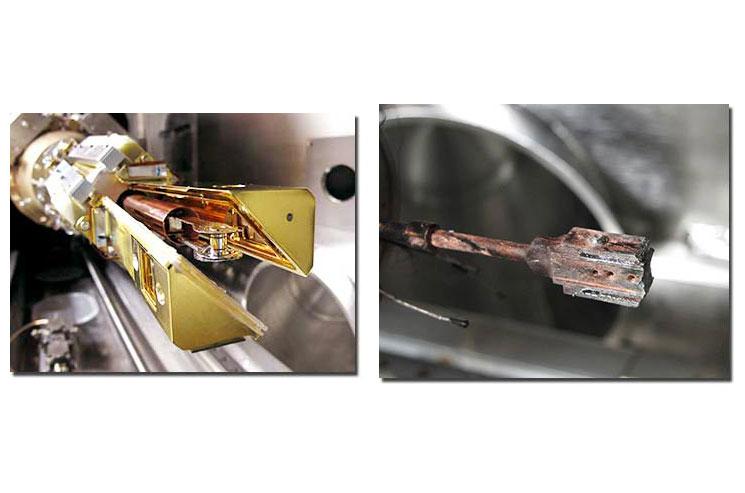 Before and after the shot: to the left, the target is mounted in the cryogenic positioning device, two copper-colored arms form a shroud around the cold target to protect it until they open five seconds before a shot. At the right, the remains of the target assembly. Before and after the shot: to the left, the target is mounted in the cryogenic positioning device, two copper-colored arms form a shroud around the cold target to protect it until they open five seconds before a shot. At the right, the remains of the target assembly.