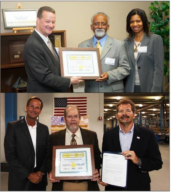 Top: MOX Services President Kelly Trice, left, presents a certificate to Wise President and Owner David Abney and Wise Marketing Director Renee Abney. Wise was recognized as a 2012 MOX Gold Supplier during a special presentation in Dayton. Bottom: Byers Precision Fabricators was recognized as a 2012 MOX Gold Supplier during a special presentation in North Carolina. Steve Marr of MOX Services (left) and Kevin Hall of NNSA (right) present Roger Byers (center) with the award. Top: MOX Services President Kelly Trice, left, presents a certificate to Wise President and Owner David Abney and Wise Marketing Director Renee Abney. Wise was recognized as a 2012 MOX Gold Supplier during a special presentation in Dayton. Bottom: Byers Precision Fabricators was recognized as a 2012 MOX Gold Supplier during a special presentation in North Carolina. Steve Marr of MOX Services (left) and Kevin Hall of NNSA (right) present Roger Byers (center) with the award.