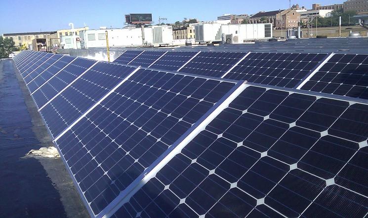 The Forest County Potawatomi Tribe finishes installing solar panels on a Milwaukee, Wisconsin, administration building. | Photo courtesy of the Forest County Potawatomi Tribe The Forest County Potawatomi Tribe finishes installing solar panels on a Milwaukee, Wisconsin, administration building. | Photo courtesy of the Forest County Potawatomi Tribe