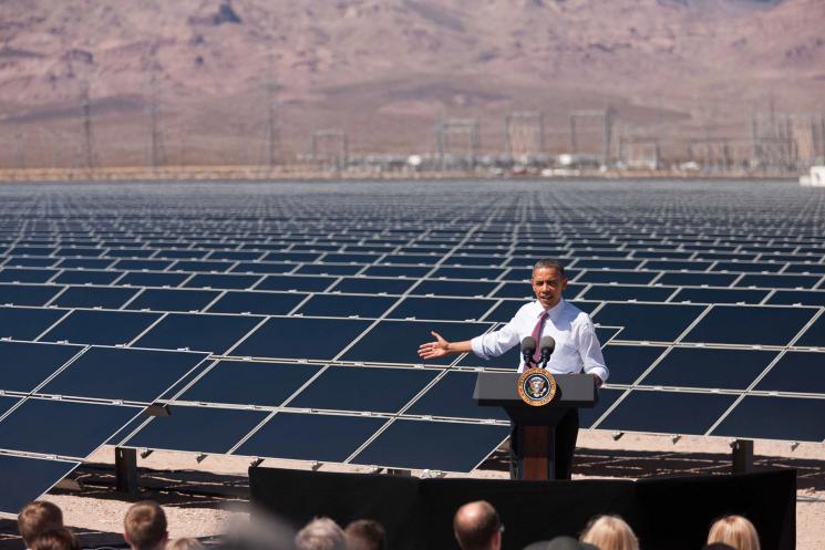 President Barack Obama delivers remarks on energy after a tour of a solar panel field at the Copper Mountain Solar 1 Facility, the largest photovoltaic plant operating in the country with nearly one million solar panels powering 17,000 homes, in Boulder City, Nevada, March 21, 2012. | Official White House Photo by Lawrence Jackson. President Barack Obama delivers remarks on energy after a tour of a solar panel field at the Copper Mountain Solar 1 Facility, the largest photovoltaic plant operating in the country with nearly one million solar panels powering 17,000 homes, in Boulder City, Nevada, March 21, 2012. | Official White House Photo by Lawrence Jackson.