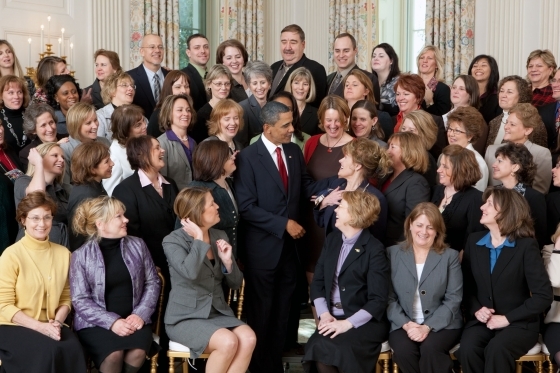 President Barack Obama talks with Presidential Awards for Excellence in Mathematics and Science Teaching winners in the State Dining of the White House January 6, 2010. (Official White House Photo by Chuck Kennedy)