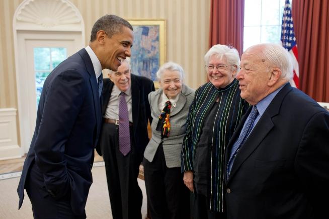 President Barack Obama greets 2010 Fermi Award recipients Dr. Burton Richter, right, and his wife Laurose, and Dr. Mildred S. Dresselhaus, third from right, and her husband Gene, in the Oval Office, May 7, 2012. (Official White House Photo by Pete Souza) President Barack Obama greets 2010 Fermi Award recipients Dr. Burton Richter, right, and his wife Laurose, and Dr. Mildred S. Dresselhaus, third from right, and her husband Gene, in the Oval Office, May 7, 2012. (Official White House Photo by Pete Souza)
